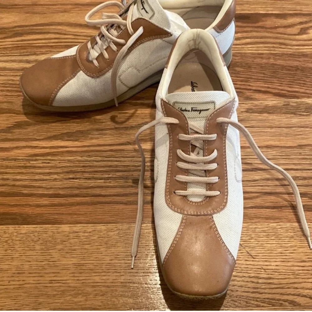 Salvatore Ferragamo Brown Leather Canvas Sneakers with Classic Design